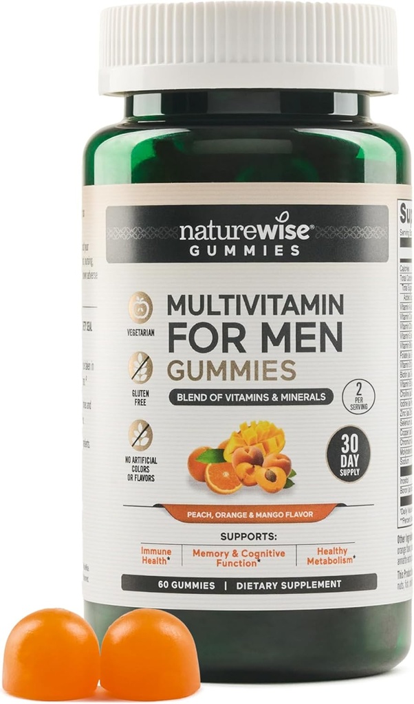 NatureWise Multivitamin für Männer, Gummie Peach Mango Flavor, für Immungesundheit mit Mineralien & Vitamin A, C, D, E, B6 und B12, Vegetarisch, Sojafrei, Non-GMO, 60 Count[1-Month Supply]