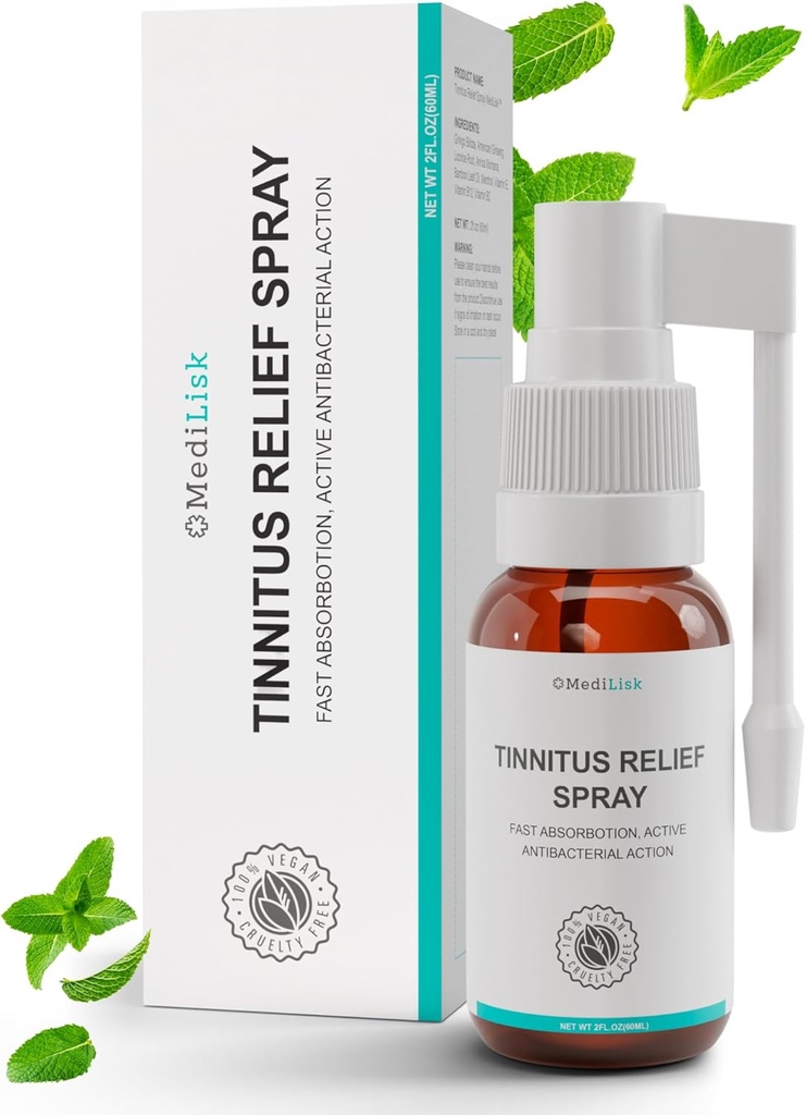 Médilisk Acouphène Relief Spray – Supporte le Relief d'acouphène pour les oreilles à sonnerie – Produits d'entretien de l'oreille à base de plantes – Non stéroïdal et hypoallergénique – 1 Fl Oz – Pack de 1