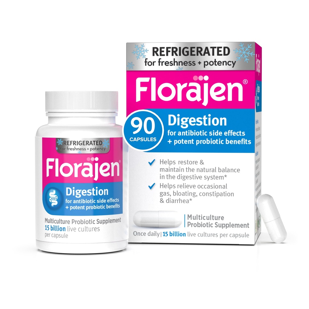 Florajen Digestion Probiotique - Supplément de santé avancé Gut pour la constipation et le dégel - 15 milliards de cultures vivantes - Formule multi-train - Réfrigéré pour la puissance et la fraîcheur - 90 capsules