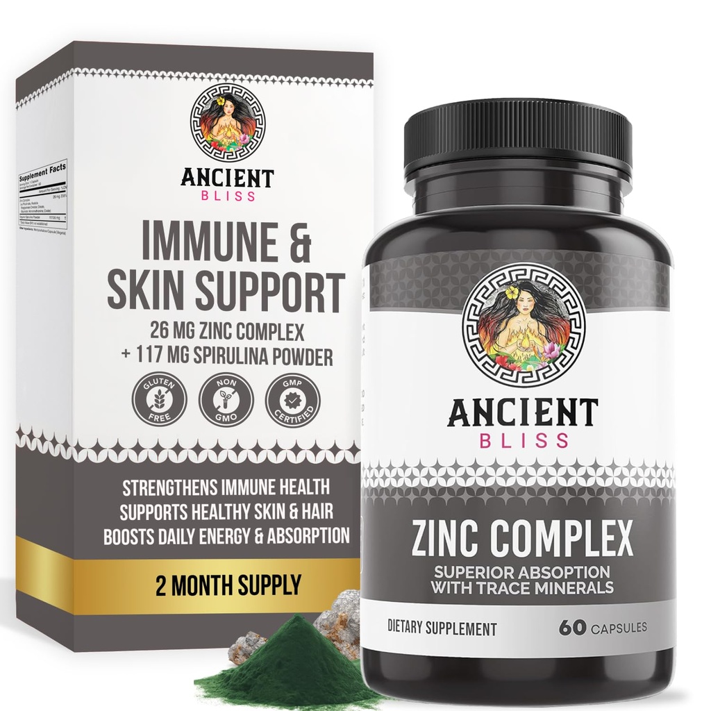 Zinkkomplexkapseln mit verbesserter Absorption, Antioxidans & Immununterstützungsergänzung, Zinkergänzung für Männer & Frauen durch antike Glückseligkeit (60 Kapseln)