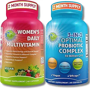 Ensemble de soutien multivitamine et probiotique pour les femmes – 3-en-1 Probiotique avec enzymes digestives et prébiotiques et femmes – Multivitamine quotidienne avec fer – Vegan, non-OGM, Clean Daily Wellness Support