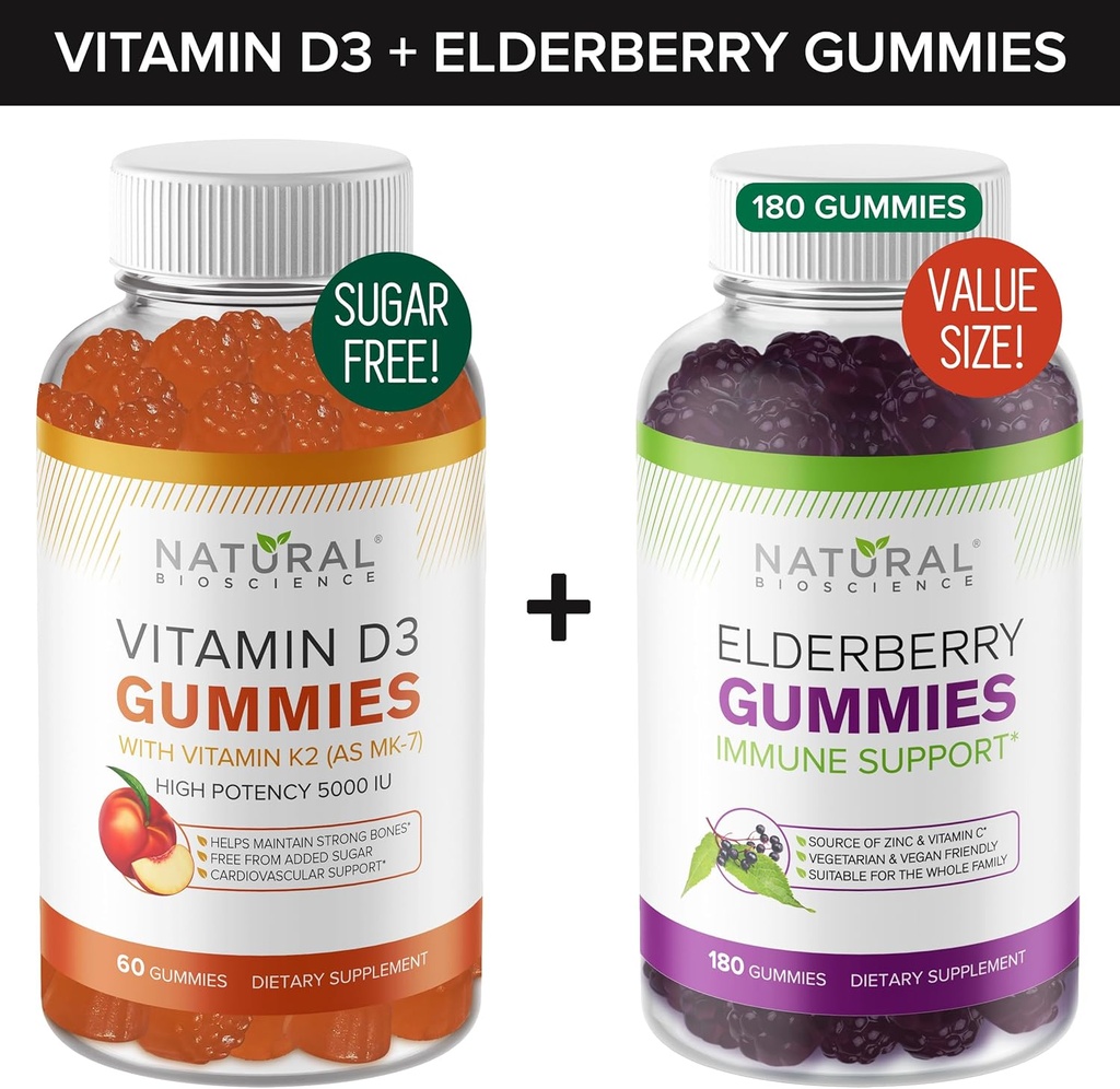 Sugar-Free Vitamin D Gummies (60 Gummi) und Elderberry Gummies (180 Gummi) – Immununterstützung Bundle, Gelatin-Free, Glutenfrei, Vegetarisch, All Natural, Great Tasting