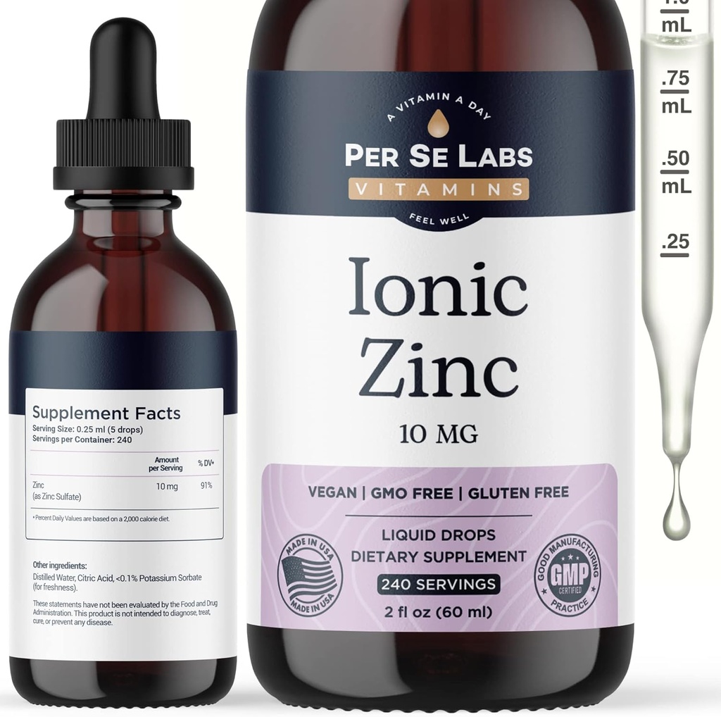 Per Se Labs Ionic Zinc Liquid - 10 mg ad alto assorbimento 240 Serve Liquido Gocce di zinco per adulti - Supporto immunitario Integratori di zinco per la cura della pelle - Vegan Zinc Sulfate Antiossidante Integratore alimentare - 2 Oz
