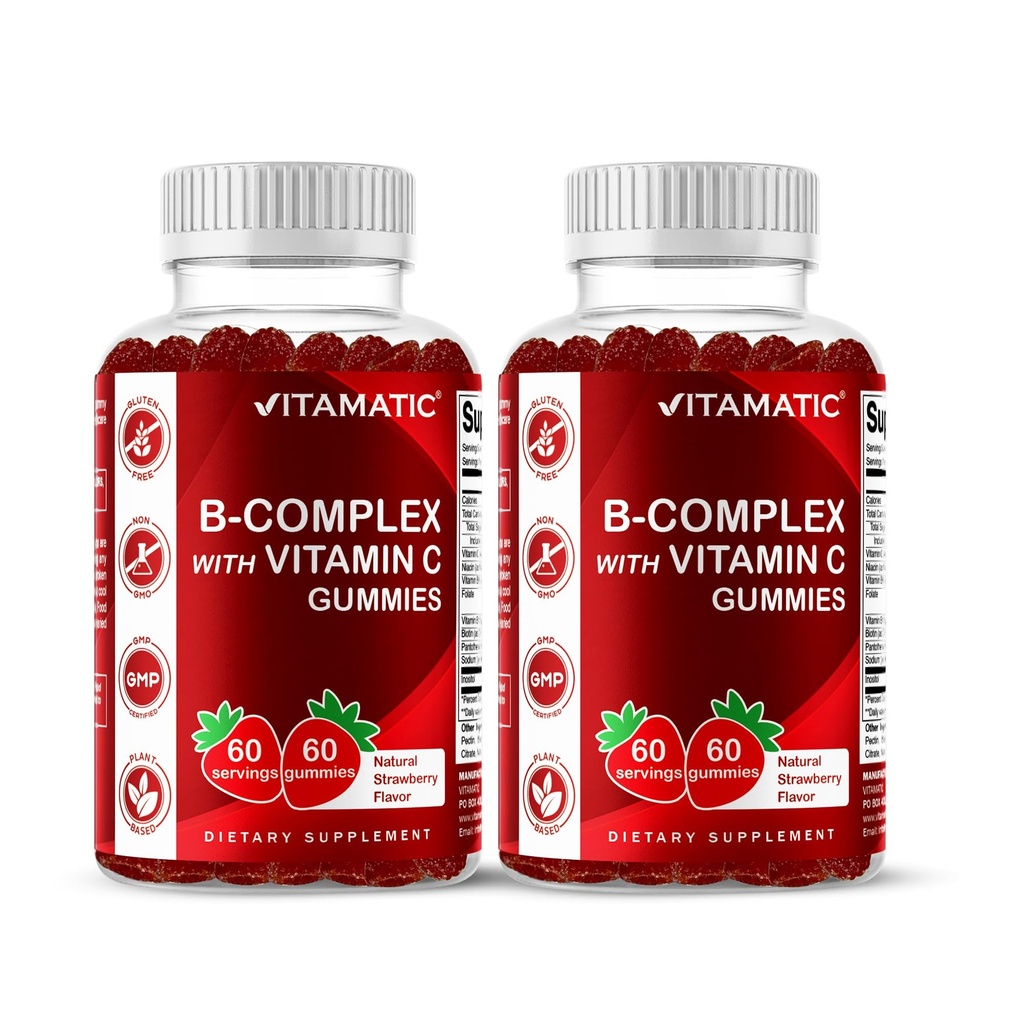 Vitamatic Vitamin B Complex Gummis mit Vitamin C & Inositol - Natürliche Erdbeer Flavor - 60 Gummi (2 Flaschen)