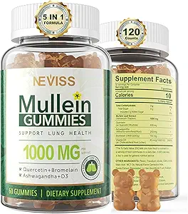 NEVISS Mullein Gummies per polmoni, Organic Mullein Leaf Extract 1000mg per sistema respiratorio con Quercetin & Bromelain, D3 per supporto digestivo, Booster immunitario, Sugar Free, Vegan, 120 Count