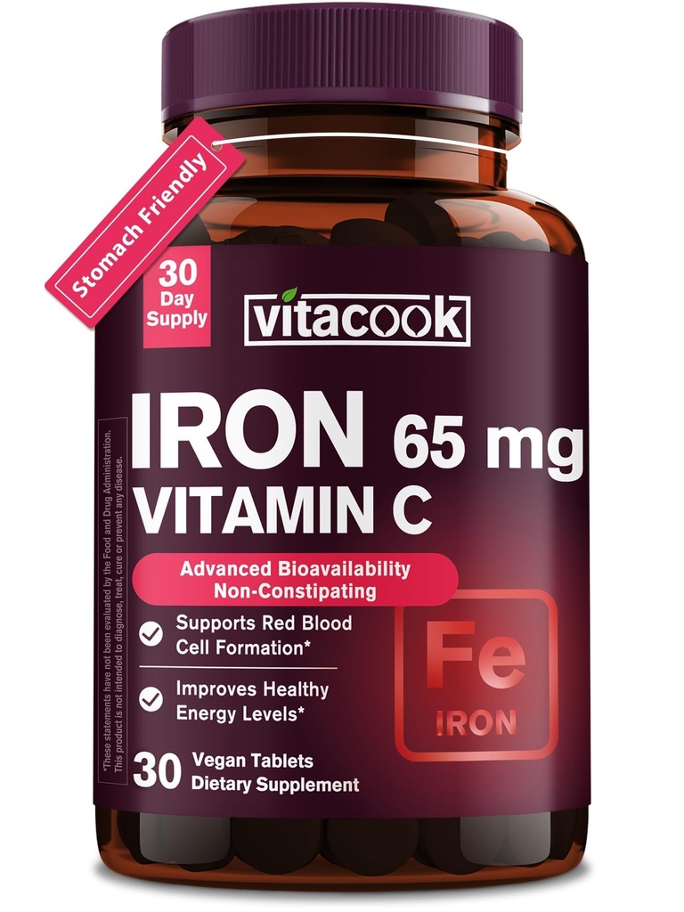 Supplemento di ferro per le donne uomini | Ferro ad alta potenza 65mg con vitamina C 250mg | Pillole di ferro amichevoli per globuli rossi e supporto immunitario | Vegan, Non OGM & Gluten Free | 30 Tabs