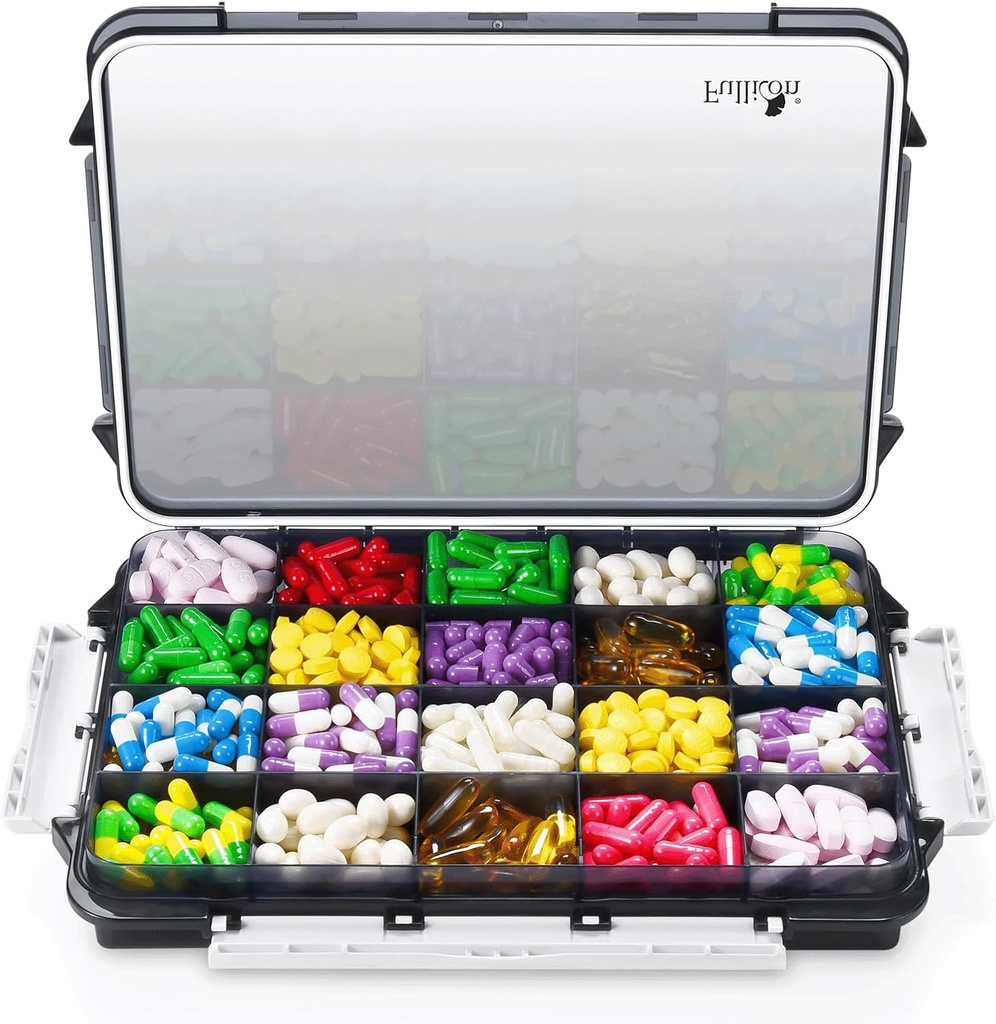 Fullicon Extra Large Pill Organizer con Moisture Proof Design, Travel Jumbo Pill Box con 20 scomparti, Integratore per Vitamine con 3 Buckles (nero)