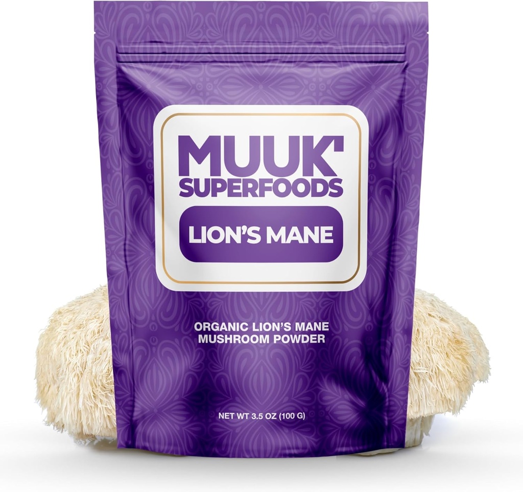 MUUK' SUPERFOODS | Pure Organic Lion's Mane Mushroom Powder | Brain-Boosting, USA-Made | 3.5 oz (100g), 60 Servietten