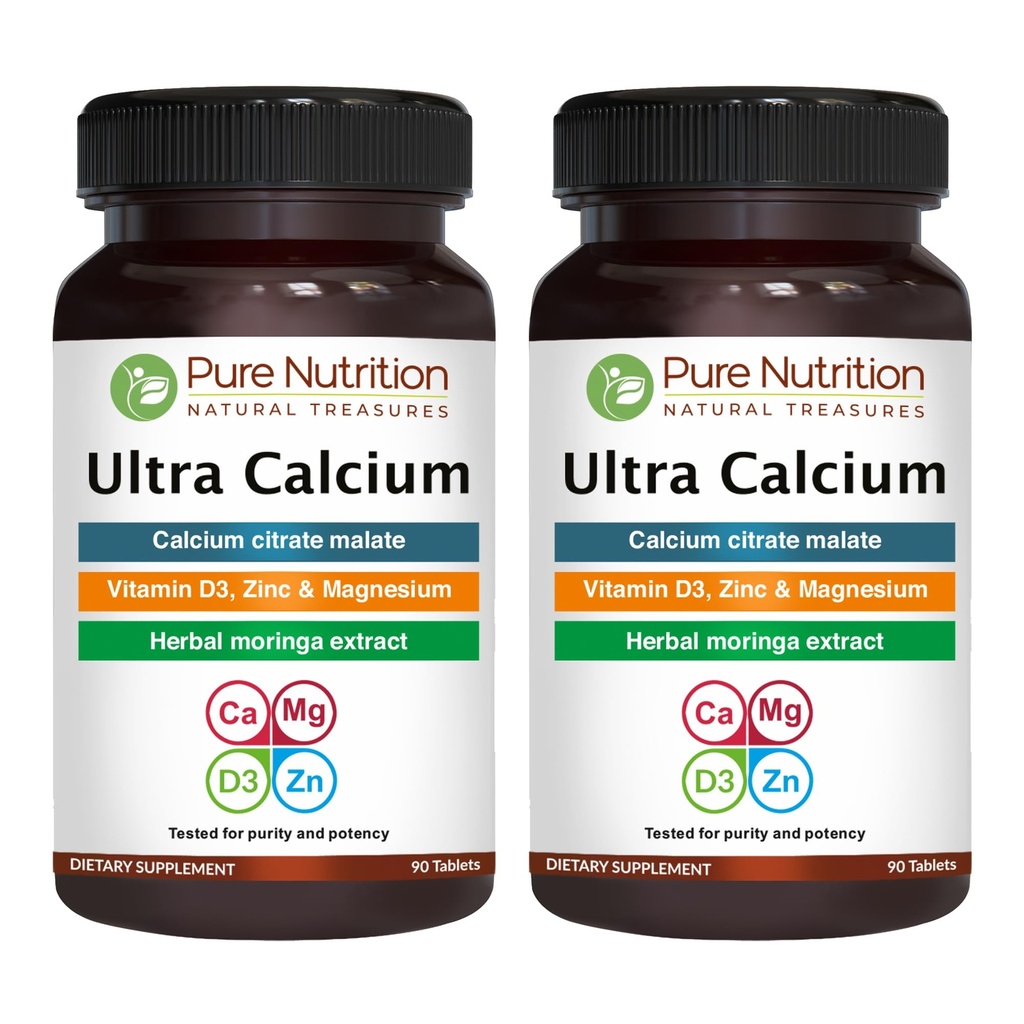 Pure Nutrition Ultra Calcium 1000mg con VIT D3 + K2 | 180 Tabs (90 X Pack di 2) | Supplemento Calcium altamente assorbibile con Calcium Citrate Malate, VIT D3, K2, Moringa Oleifera, Magnesio e Zinco.