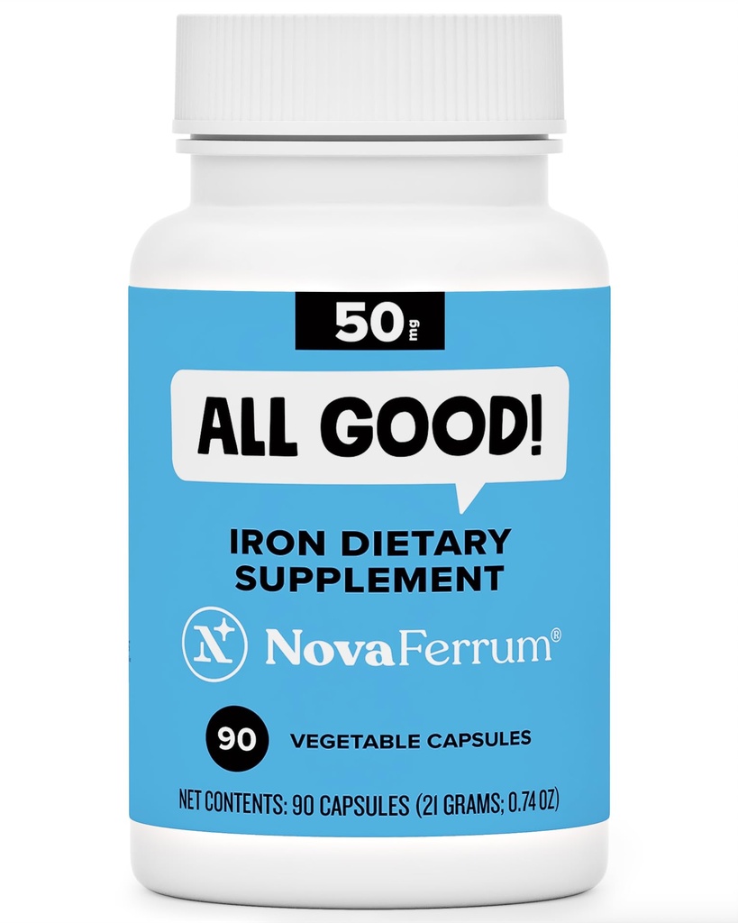 NovaFerrum Tous Bons Suppléments Capsules de Fer pour Adultes Anémie de 50mg de Fer de 90 portions Sans sucre de végétalien de gluten