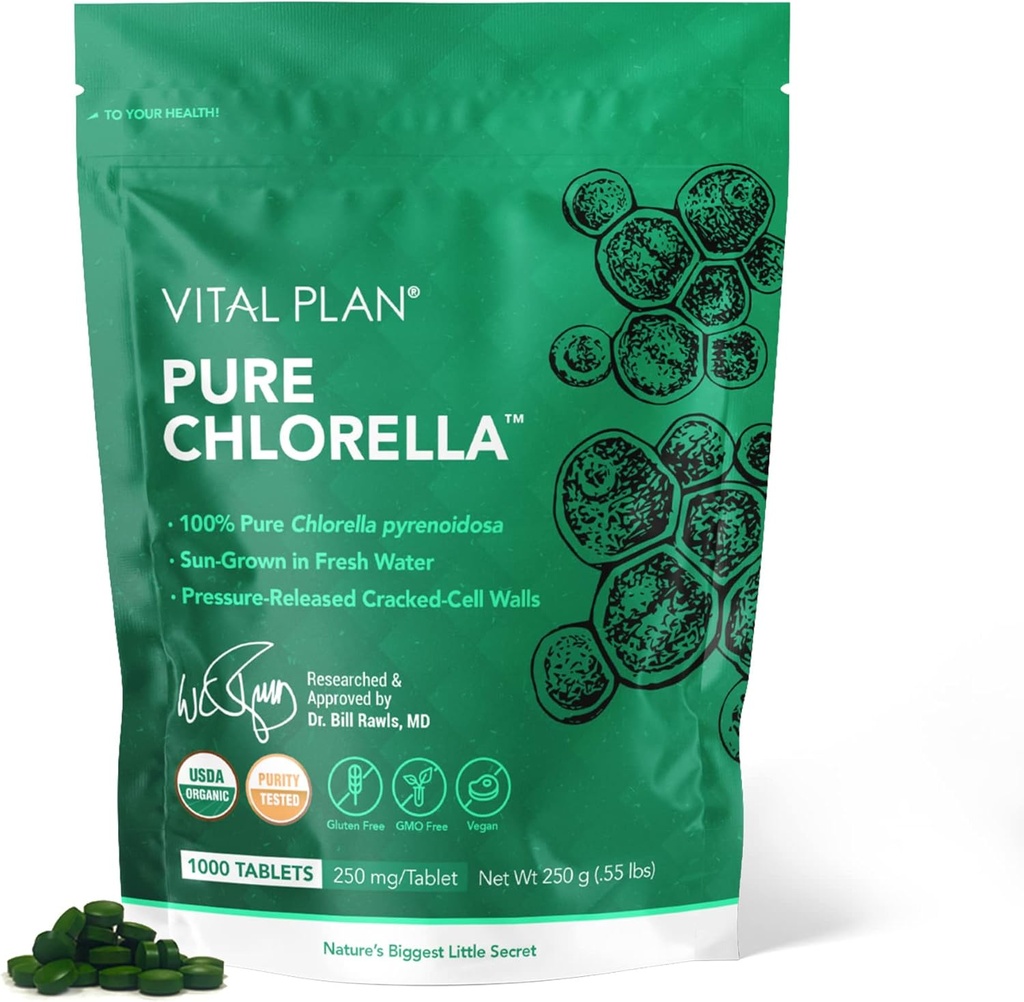 Vital Plan Reine Chlorella Tabletten - Sun Grown Chlorella Pyrenoidosa Supplement von Dr. Bill Rawls w/Broken Cell Wall - Organische Chlorella w/Chlorophyll, Cracked Cell Wall & No Fillers (1000 Tabs)