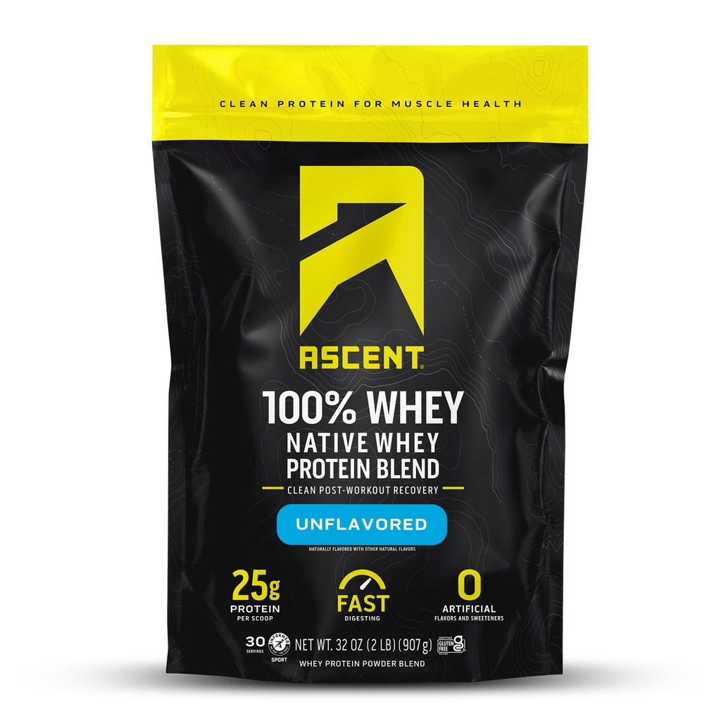 Ascent 100% Whey Protein Powder - Post Workout Whey Protein Isolate, Zero Artificial Flavors & Sweeteners, Glutenfrei, 5.5g BCAA, 2.6g Leucine, Unflavored 2 lb