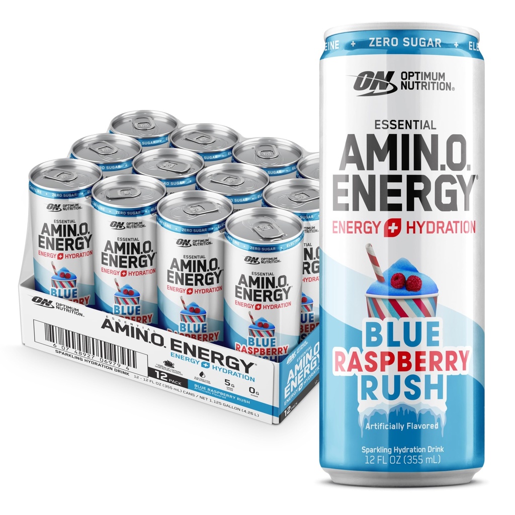 Optimum Nutrition Amino Energy Sparkling Hydration Drink, Elektrolyte, Koffein, Aminosäuren, BCAAs, Sugar Free, NEW Blue Raspberry Rush, 12 Fl Oz, 12 Pack (Packaging May Vary)