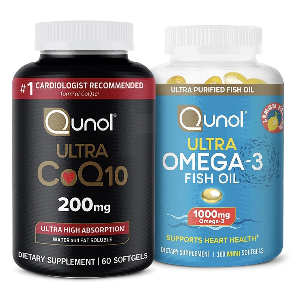 Qunol Ultra CoQ10 200mg Softgels - Ultra High Absorption Coenzyme Q10 Supplemento - 2 mesi di alimentazione - 60 conta + olio di pesce Omega 3 Mini Softgels, 1000mg Omega 3 EPA + DHA, 3 mesi di alimentazione, 180 conteggio