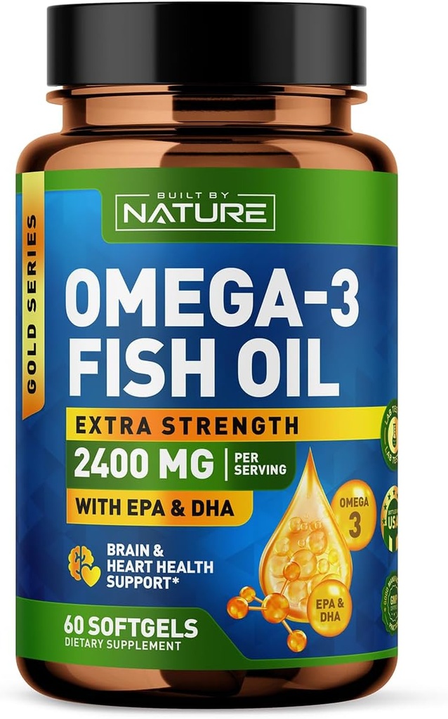 Construit par la nature Omega 3 Huile de poisson Gels mous - 2400 mg Huile de poisson, 1440 mg Omega 3, 864 mg EPA, 576 mg DHA - Supplément supplémentaire de soutien à la santé cérébrale et cardiaque - 60 Softgels