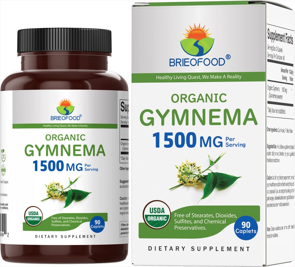 Brieofood Organic Gymnema 1500mg, 45 Servierungen, Vegetarisch, Glutenfrei, 90 vegetarische Tabletten