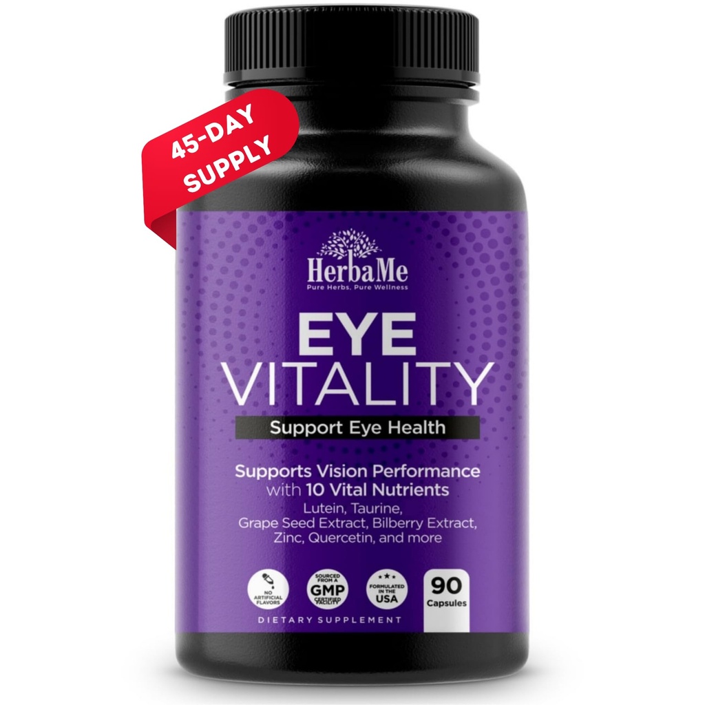 HerbaMe Eye Vitamins Supplement mit Lutein, Bilberry, Beta Carotin, L-Taurin, Zink und Quercetin, 90 Kapseln, unterstützt Vision, Augen- und Makulagesundheit, hilft Augen Filter Blaues Licht
