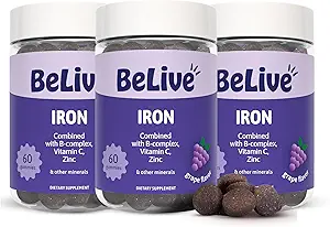 BeLive Iron Gummies - Supplemento di ferro multivitaminico con vitamina C, A, B & Zinc, Supporta l'ossigeno sanguigno, integratori vegani per le donne, uomini e bambini per la crescita e lo sviluppo - Uva Flavor | 3-Pack