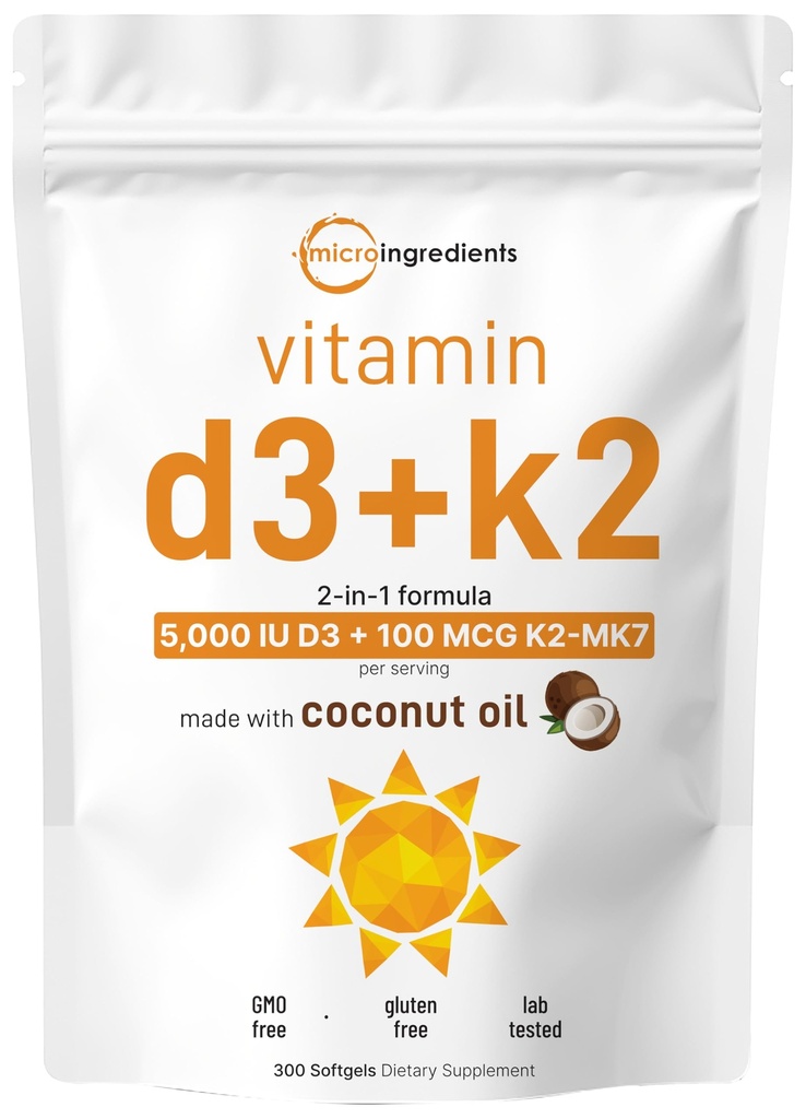 Micro Ingredients Vitamin D3 5.000 IE + K2 MK-7 100 mcg, 300 Softgels | Virgin Coconut Oil | 2-in-1 Unterstützung | Einfach zu schlucken, Nicht-GVO