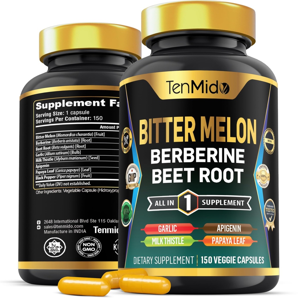 Capsules de Melon Bitter - Formule 8in1 - Combiner avec la berbère, la racine de betterave, l'ail, le chardon de lait, l'apigenine, la feuille de papaye et le poivre noir - 150 capsules de végétalien pour 5 mois d'approvisionnement