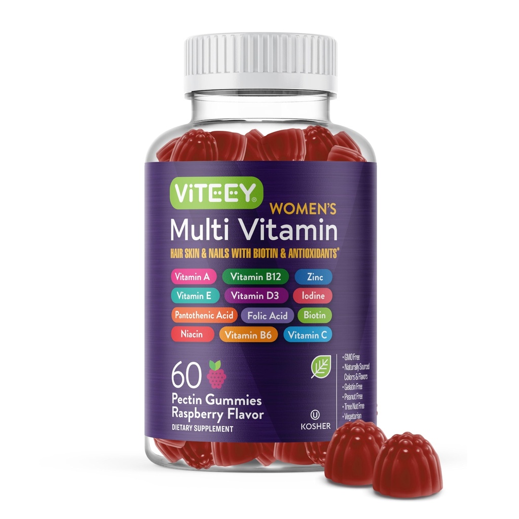 Viteey Womens Multivitamin Gummies - Supporto immunitario - 12 in 1 Vitamine e Minerali Essenziali - Vitamina A, C, D3, E, B6, B12, Acido Folico, Biotina, Calcio, Zinco & More - Vegetariano - Raspberry aromatizzato