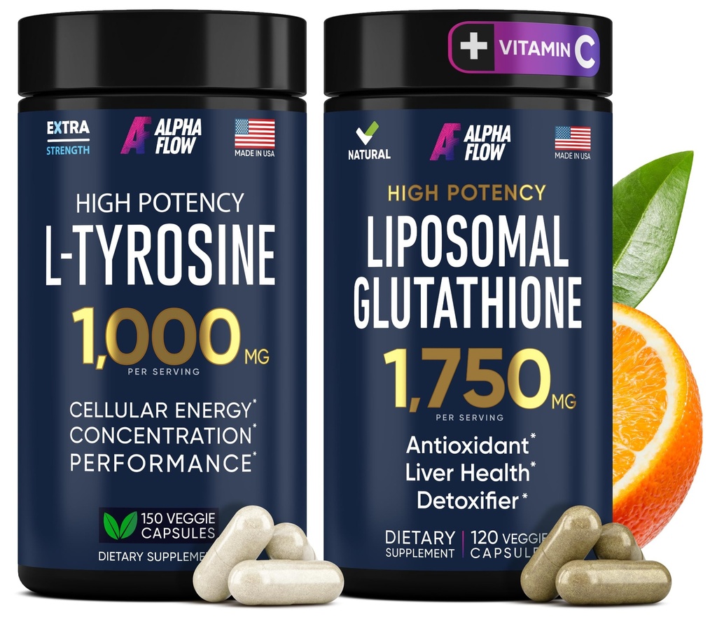 (Bundle) L Tyrosine 1000mg & Liposomal Glutathione 1750mg - All-Natural Focus, Energy, and Liver Support - Non-GMO, Gluten-Free, Vegan - 270 Capsule Totale