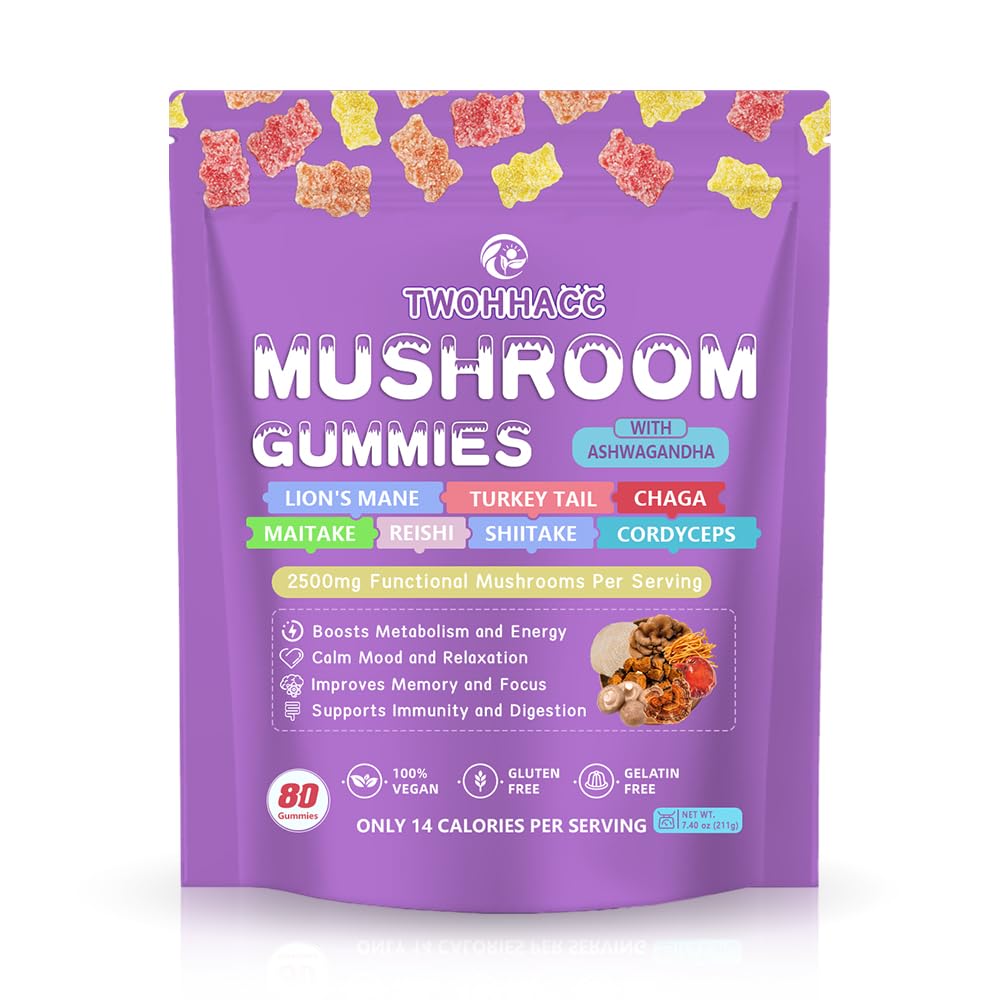 Integratore di funghi Gummies con Ashwagandha e Lions Mane, Maitake, Turchia Tail, Reishi, Chaga, Shiitake, Cordyceps Nootropic Brain Supplement per Focus, Memoria, Immune, Supporto e Stress Relief