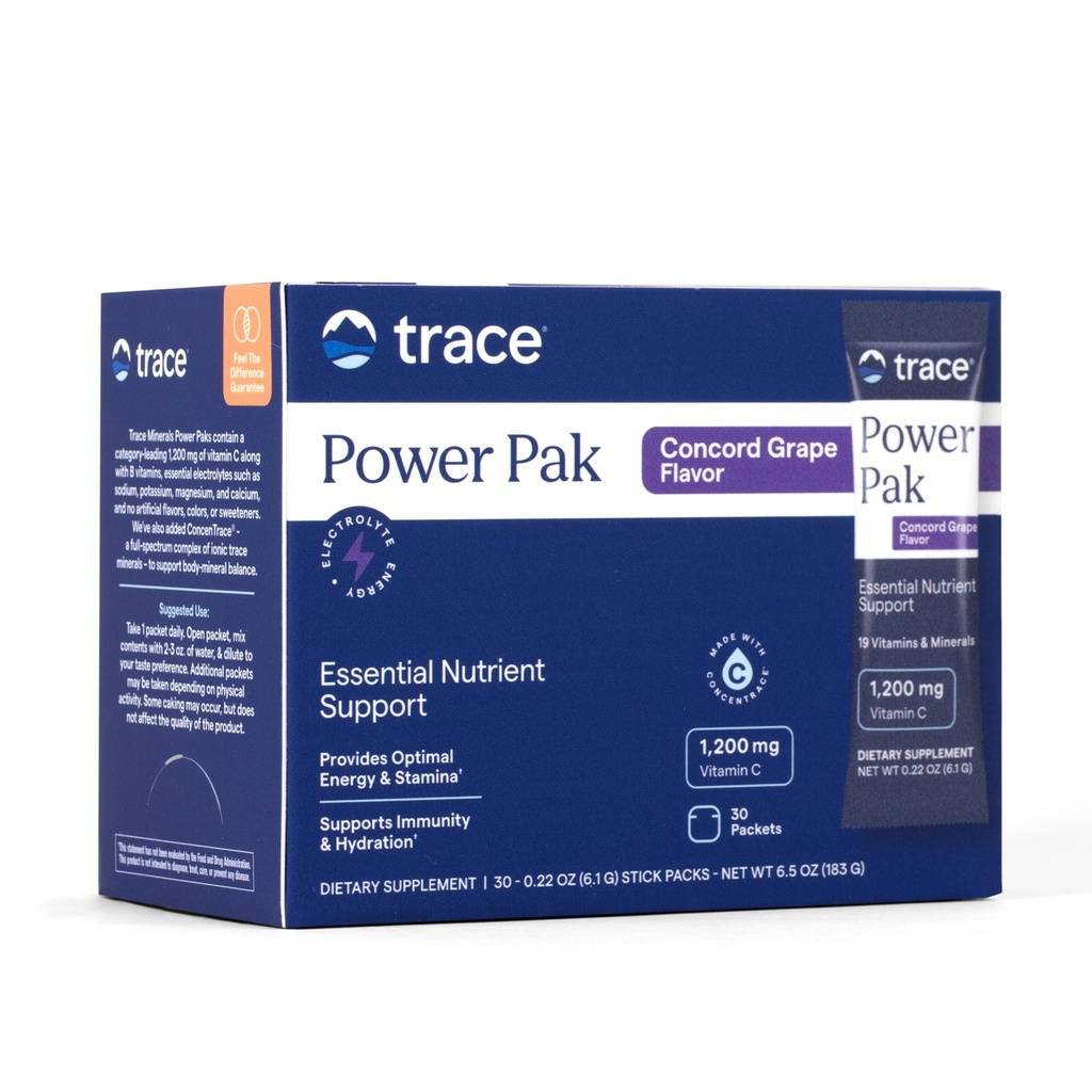 Trace Minerals Power Pak Multivitamin and Multimineral Packets - Soutien aux électrolytes - 1200 mg Vitamine C Plus 70 Concord Saveur de raisin - 30 Packets