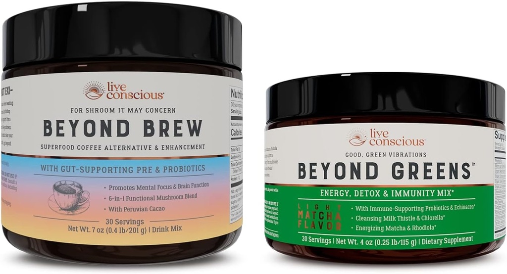 Vivre conscient au-delà des verts et au-delà de la bière Delicious Greens Powder for Bloating + Mushroom Superfood Café Alternative Caféine Free