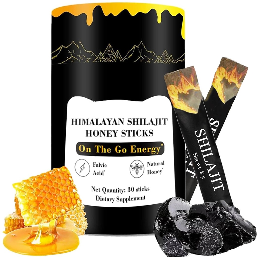 Shilajit Honey Sticks, Himalayan Shilajit Honey Sticks, Pure Himalayan Resina, Honey & Saffron, 30 Bastoncini ad alto assorbimento per energia, resistenza e sostegno cognitivo