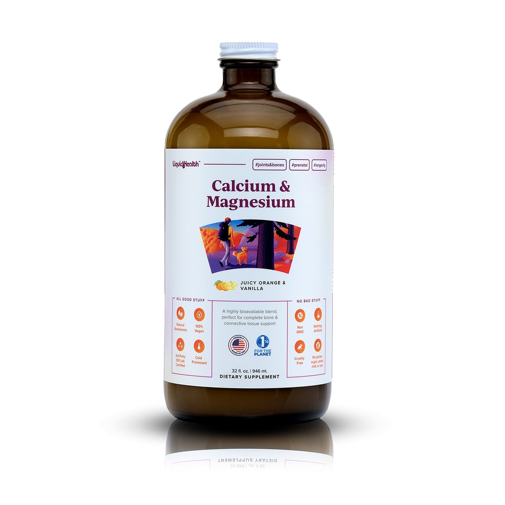 LIQUIDHEALTH Calcium et magnésium supplément de vitamine liquide adulte - os, articulations, muscles, soutien tissulaire conjonctif, santé cardiaque, nutriments essentiels - Fabriqué aux États-Unis, végétalien, non OGM, pas de sucre (32 oz)