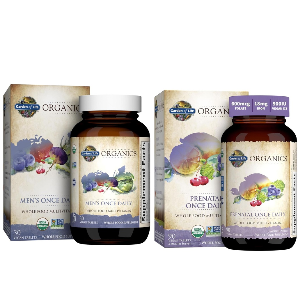 Garten des Lebens Bios Pränatales Vitamin: Folate for Energy & Healthy Fetal Development & Bios Multivitamin für Männer - Men's Once Daily Whole Food Vitamin Supplement Tabletten, Vegan, 30 Count