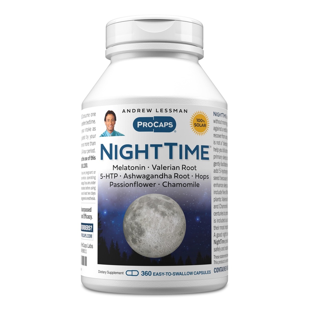 ANDREW LESSMAN Night Time 360 Capsules - 3mg Melatonine, Valérien, Ashwagandha, Passionflower, Hops, Chamomile. Pas de groggie du matin. Soutien naturel, sommeil doux et reposant. Capsules faciles à avaler