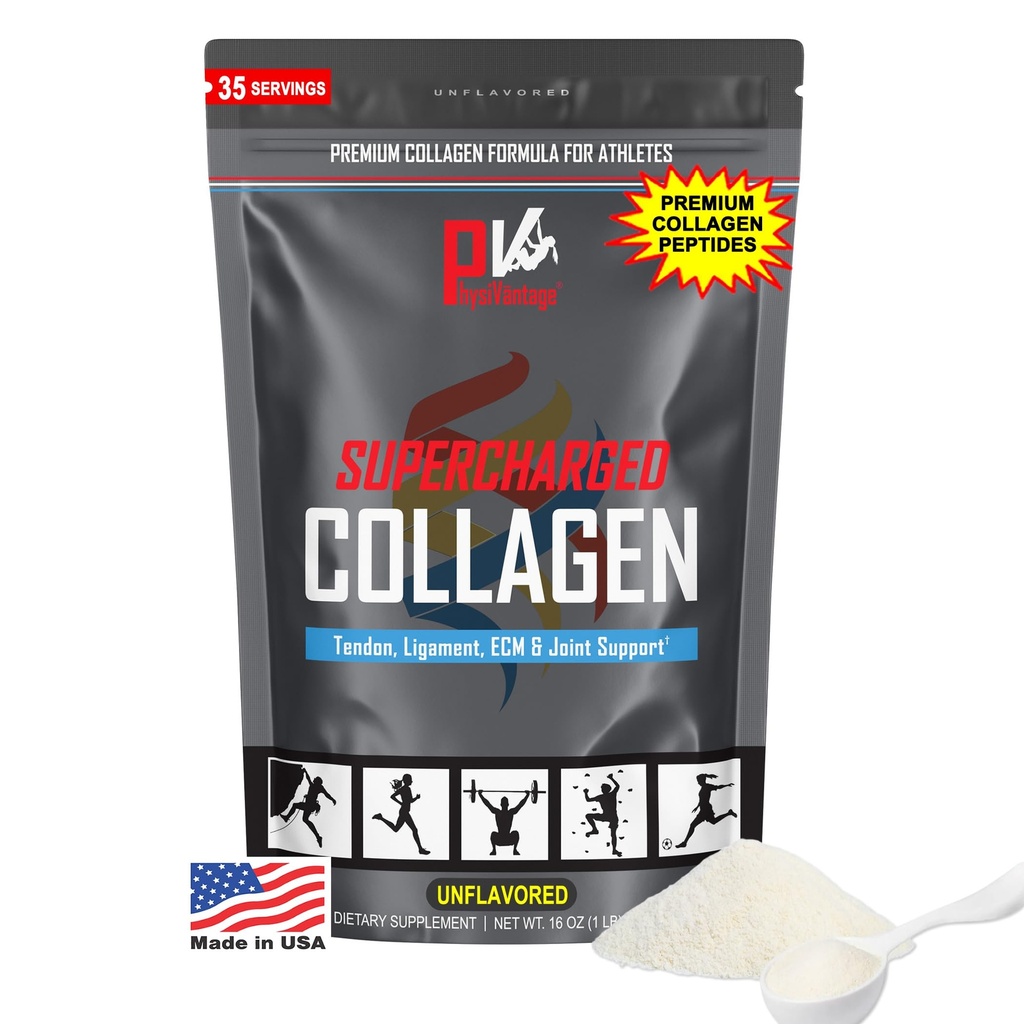 PhysiVantage Supercharged Collagen Peptides Poudre - Collagène hydrolysé pour le soutien de la santé articulaire, Tendon, Ligament et de la peau - Non aromatisé, Keto, Paléo, 16oz