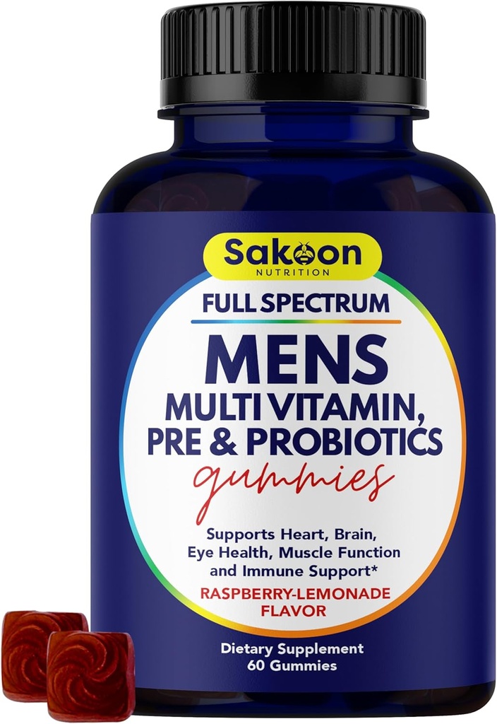 Nutrition Sakoon Gummies multivitamines pour hommes avec probiotiques et prébiotiques, multivitamines pour adultes A, C, D, E, B & More, Soutien Immune, Énergie, Santé, 60 Compte