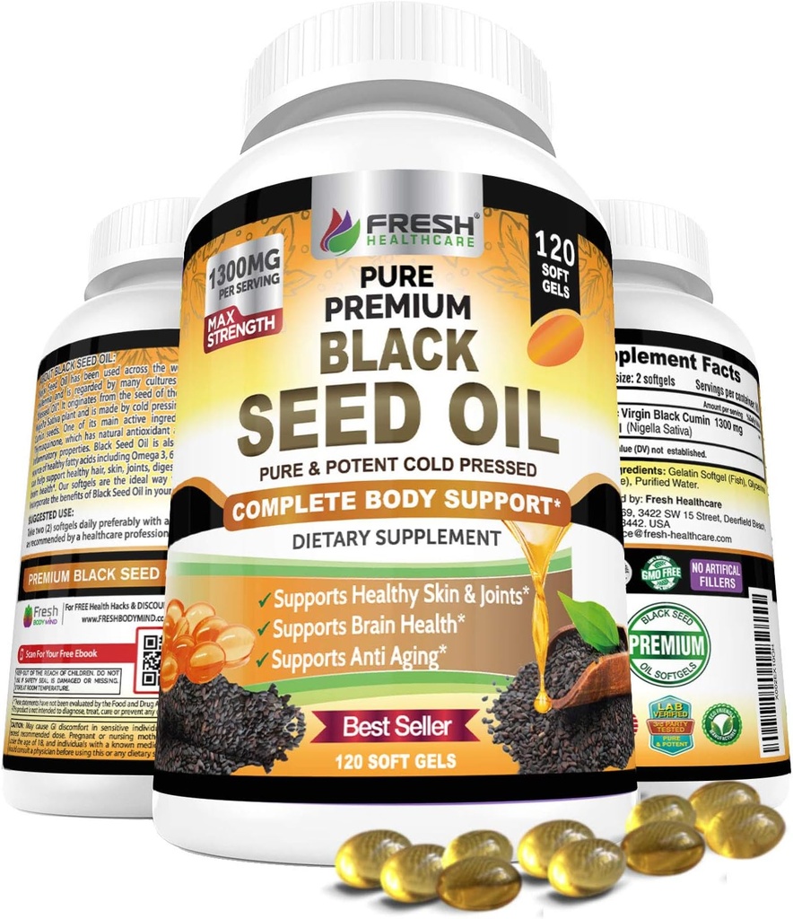 FRESH HEALTHCARE Capsule Olio Semeto Nero Pressati a freddo 1300mg - 100% Pure Non-GMO Nigella Sativa - Supporto Immune & Joint - Premium Softgel Supplement