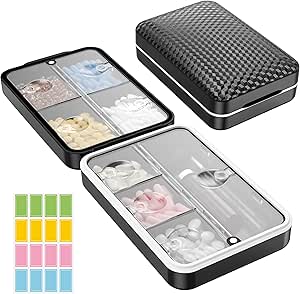 Restree Weekly Pill Organizer, Magnetic Moisture Proof Pill Case, boîte à pilules de voyage de grande capacité avec couvercle intérieur transparent pour les vitamines, suppléments et médicaments quotidiens 8 Compartiment (noir)