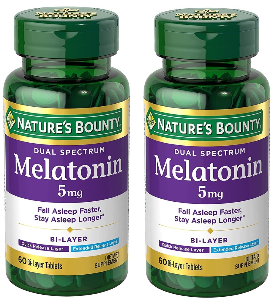 La Bounty Melatonin 5mg Dual Spectrum, 100% Drug Free Sleep Supplement, rilascio rapido e rilascio prolungato, promuove la salute del sonno e del riposo, 60 compresse di livello Bi (Pack of 2)