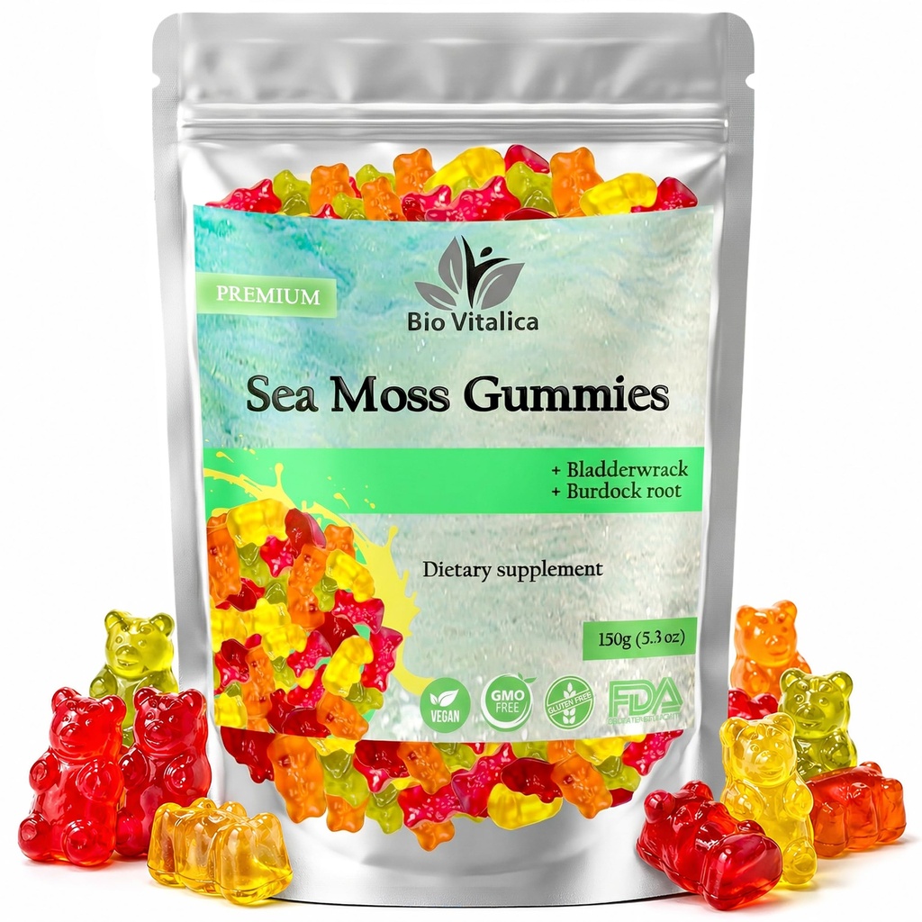Sea Moss Gummies - Irish sea Moss raw Organic, Bladderwrack, Burdock Root. Contiene Sea Moss Gel and Powder. Superfoods per Vegan, Keto e Dr Sebi Diet. Immune Boosting (1, originale)