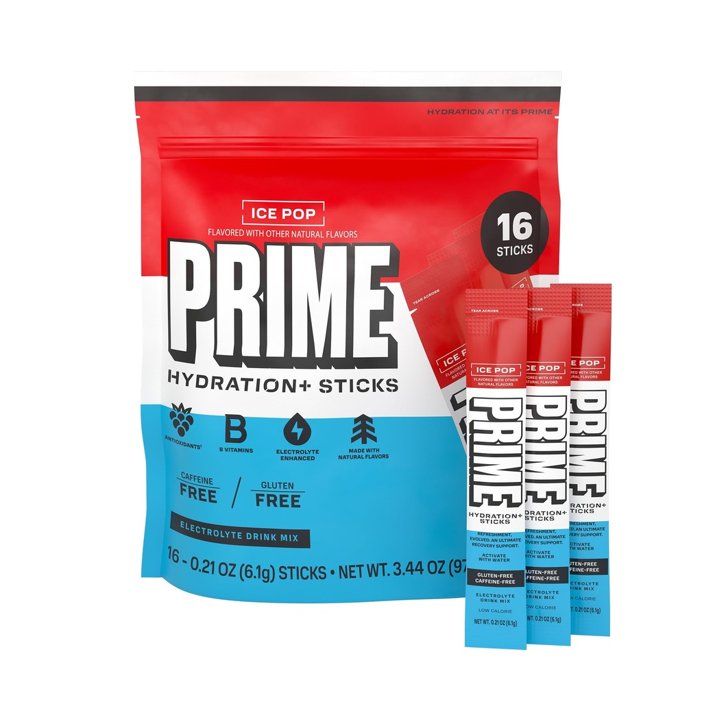 HYDRATION PRIME+ Sticks ICE POP. hydratation Poudre à usage unique Sticks. électrolyte en poudre sur le go. faible sucre.