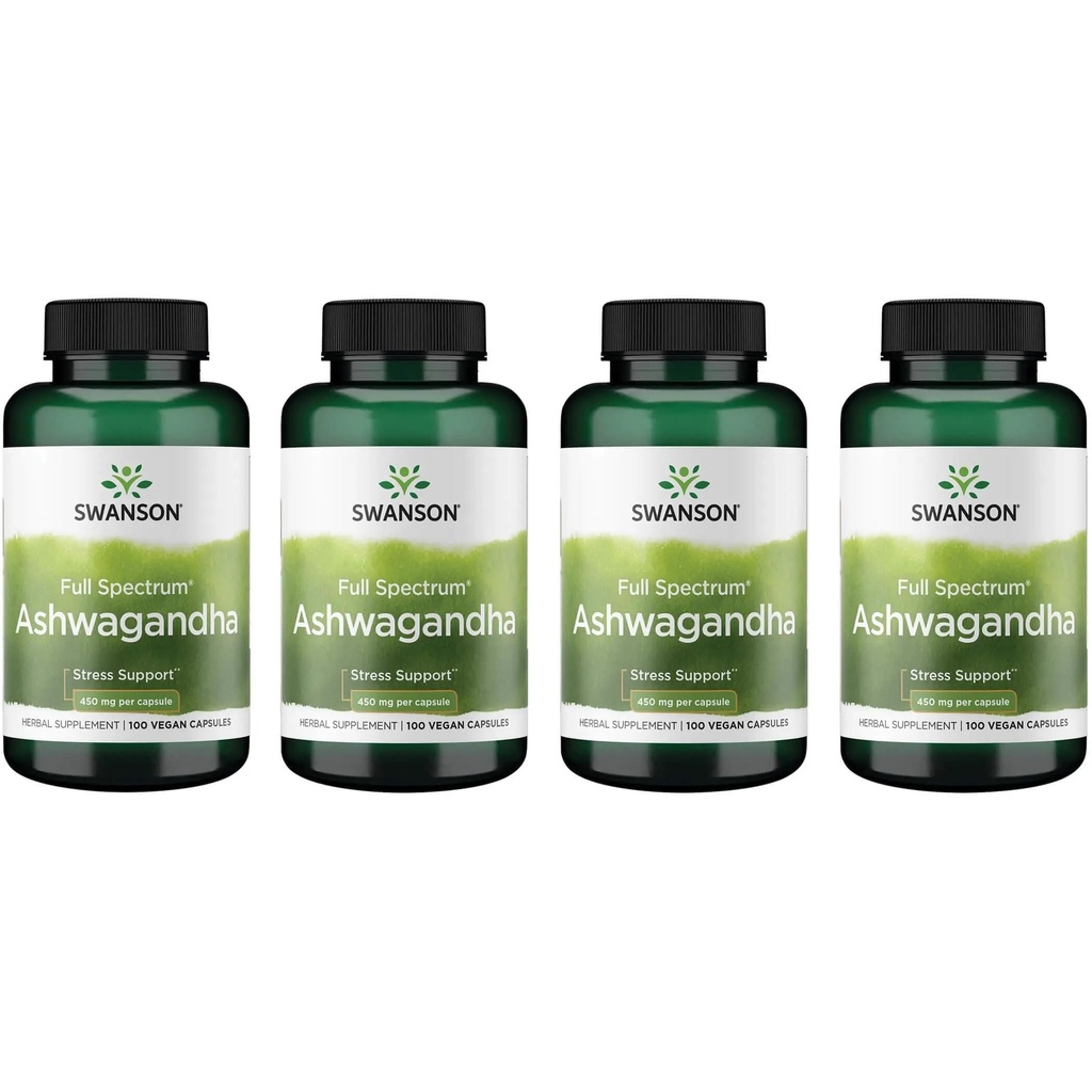 Supplément en poudre de Swanson Ashwagandha - avec la racine d'Ashwagandha pour promouvoir le stress et l'énergie - Supplément ayurvédique pour le bien-être naturel (100 capsules, 450mg chacune) 4 Pack