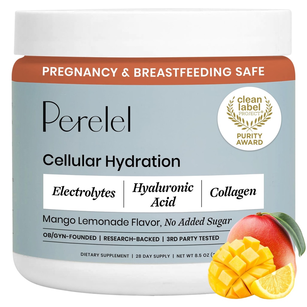 Polvere di idratazione di Perelel, Supplemento di elettrolita con acido di collagene & ialuronico, aroma di limonata di mango, soia e glutine libero, non OGM, senza aggiunta di zucchero, 28 porzioni