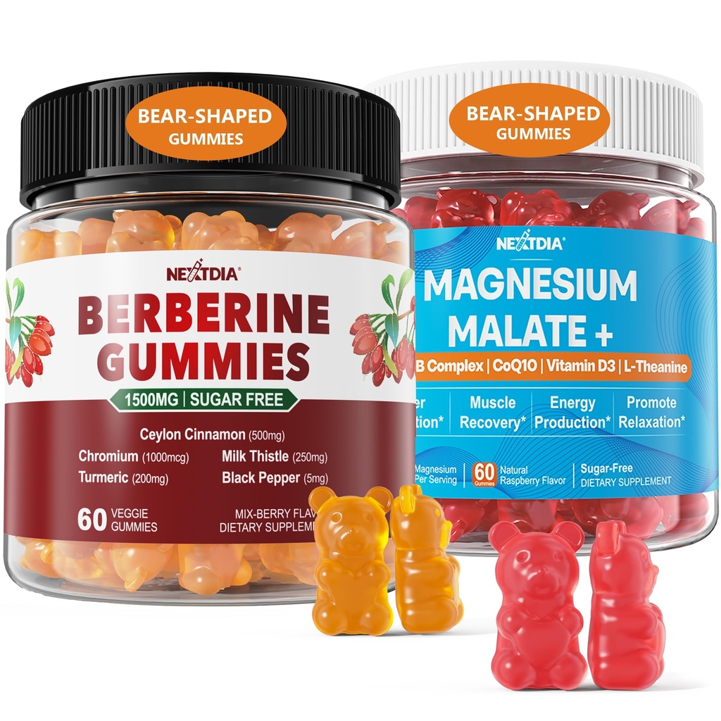 2Pack Berberine Supplément Gummies 1500mg + 2Pack Magnesium Malate avec CoQ10-100mg Gummies