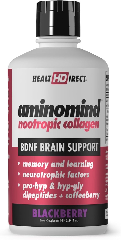 HEALTH DIRECT - AminoMind - Nootropic Collagen Supplemento per la salute del cervello e BDNF - Pro-Hyp & Hyp-Gly Dipeptides, Antiossidanti del caffè - BlackBerry - 14 Fl Oz (28 Servings)