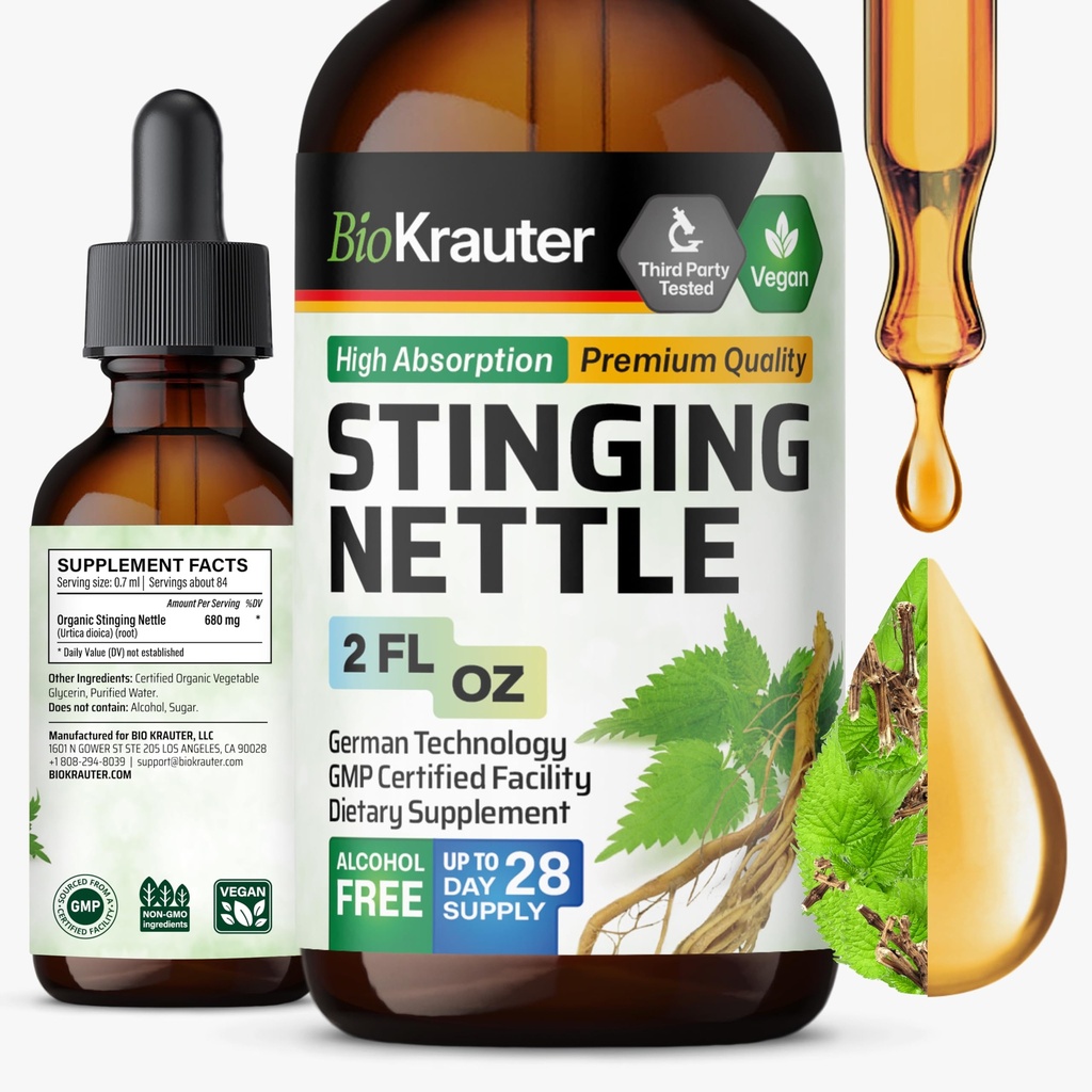 BIO KRAUTER Sting Nettle Tincture - Nettle Root Extract Liquid - Urinary Support Supplement - Urtica Dioica Natural Extract - Vegan, Zucker & Alkohol Kostenlose Tropfen 2 Fl.Oz.