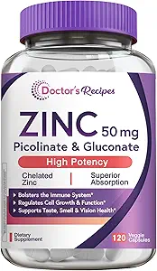 Ricette del medico Zinco 50mg, Altamente Assorbibile Zinco Picolinato & Gluconato, Supporta la Difesa Immune Naturale, DNA & Protein Formazione, Crescita delle cellule, Non OGM, 120 capsule vegetali