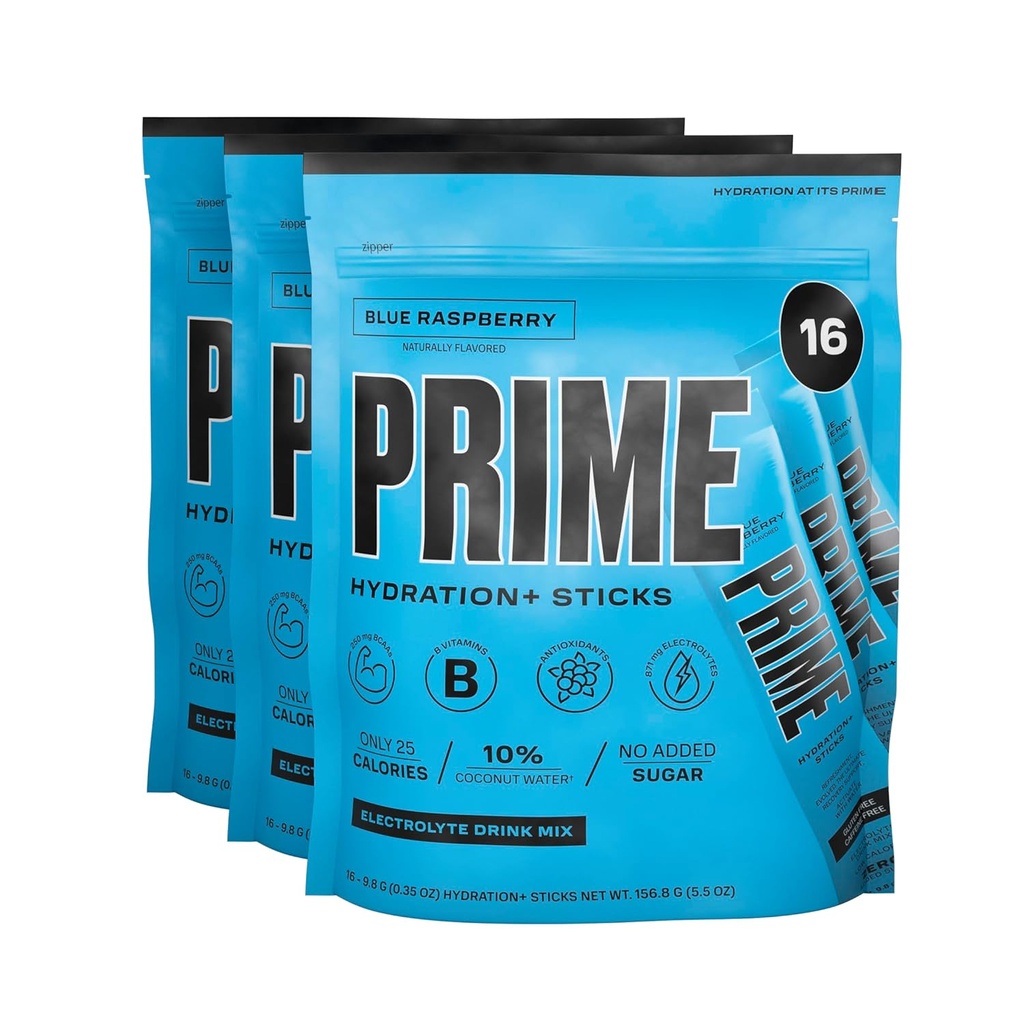 PRIME HYDRATION+ Sticks Blue Raspberry | Polvere di idratazione Singola Serve Stick | Polvere di elettrolita sul Go | 250mg BCAAs, B Vitamine, Antiossidanti | Basso zucchero | Caffeina-Free | Vegan | 48 Sticks