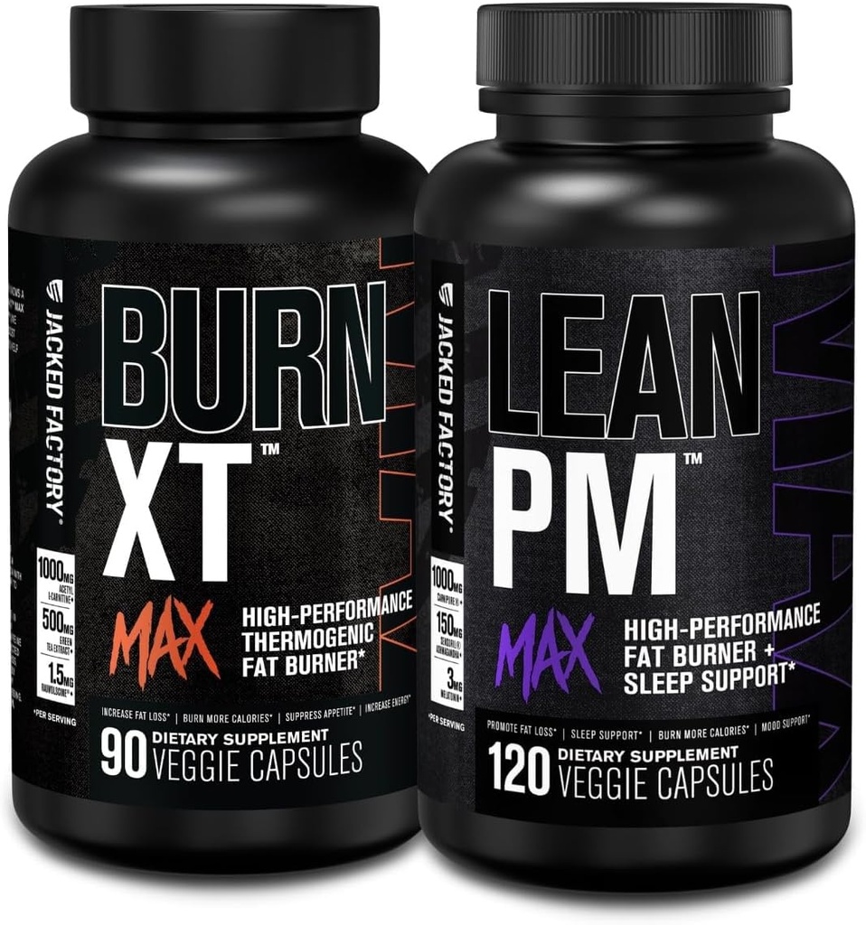 Jacked Factory Burn-XT Max - Thermogenic Fat Burner & Appetite Suppressant (90 Kapseln) & Lean PM Max High-Performance Weight Loss, Fat Burner, & Appetite Suppressant (120 Kapseln)