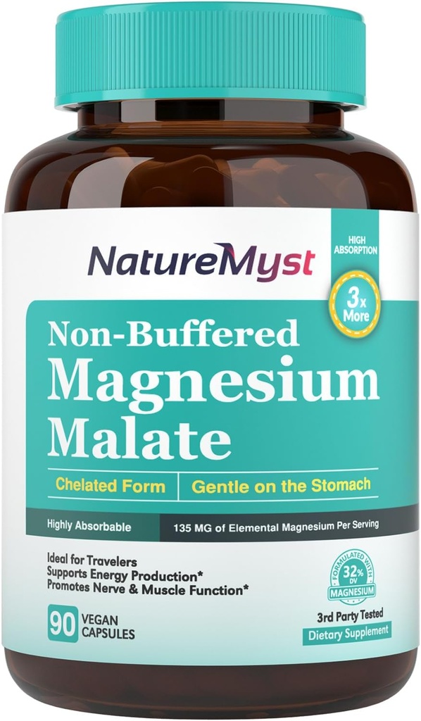 Malate de magnésium, forme chélatée, très absorbante, non tamponnée, douce sur l'estomac, pour les adultes et les enfants, dose flexible, production d'énergie, fonction nerveuse et musculaire, 90 capsules véganes