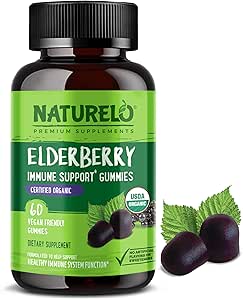 NATURELO Gummies de baies aînées Immune Support avec la mûre aînée de Sambucus + vitamine C + Zinc certifié biologique, 60ct